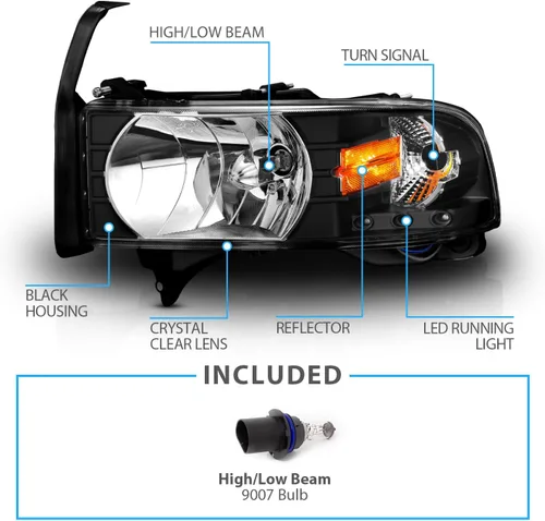 Vista 4 de AmeriLite Juego de 1 faro delantero de repuesto negro con lámpara de estacionamiento LED de esquina para Dodge Ram 1500 2500 3500 1994-2001, lado