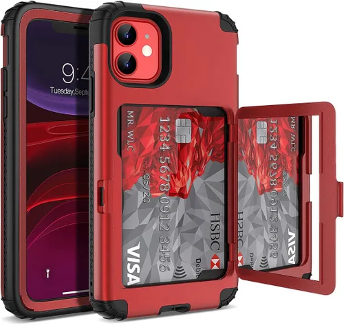 Vista 11 de WeLoveCase para iPhone 11 Estuche tipo billetera Defender con portatarjetas, cubierta con espejo oculto, tres capas, a prueba de golpes, protección