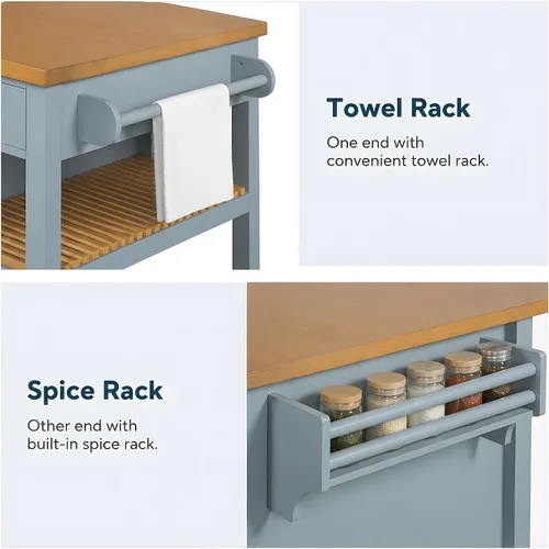 Vista 4 de LUMISOL 52" Kitchen Cart with Rubber Wood Top & Pull-Out Pantry, Blue Gray
