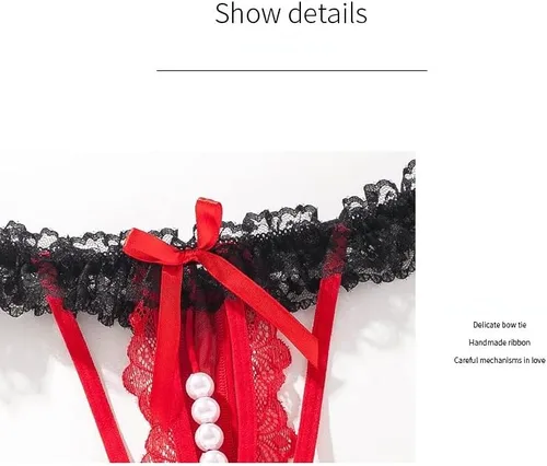 Vista 2 de Bragas sexys para mujer, tangas de encaje para mujer, tangas G con perlas y encaje