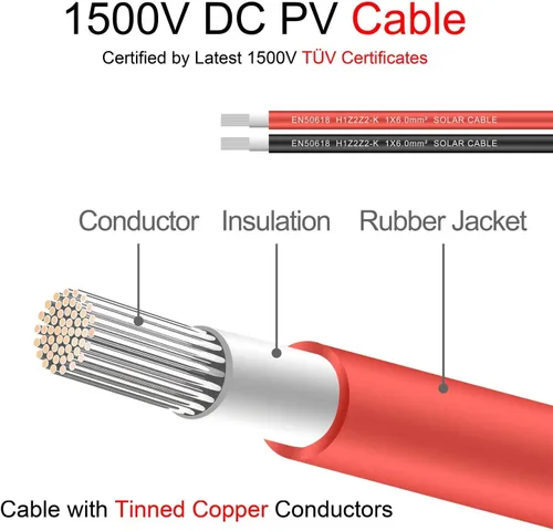 Vista 2 de Cable de extensión solar de un par (20 pies 10 AWG) Cable de panel solar con conectores hembra y macho (20 pies rojo + 20 pies negro)