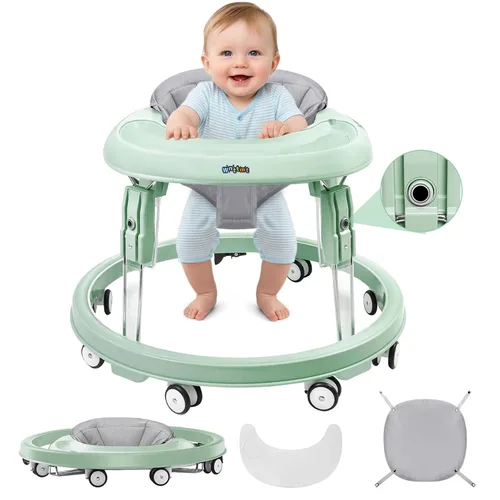 Vista 12 de Andador de bebé con ruedas, andador plegable de un solo toque con ajuste de altura, plato grande y freno, andador para bebés niños y niñas de 6 a 18
