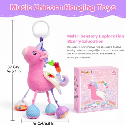 Vista 8 de Asiento de coche y cochecito de juguete para niña, peluche sensorial musical con sonajero y espejo, juguetes para bebés de 0 a 12 meses, juguetes