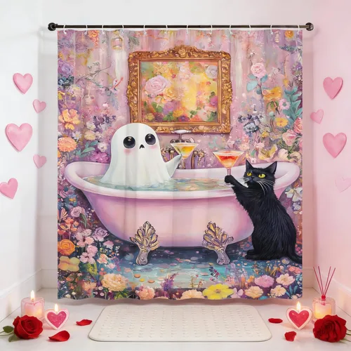 Vista 7 de Divertida cortina de ducha de fantasma, diseño de fantasma, rosa, floral, lindo fantasma toma una bañera en flor, Halloween, gato negro, academia