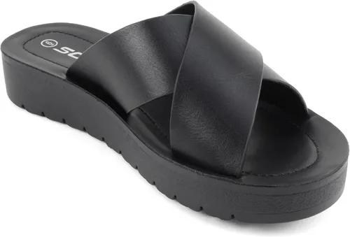 Vista 4 de Soda LUCY ~ Sandalias de plataforma plana con tiras cruzadas y puntera abierta para mujer, estilo deslizante de moda Todo negro