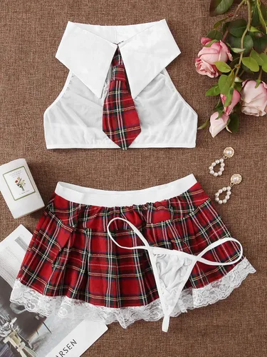 Vista 5 de SweatyRocks Disfraz de mujer sexy conjunto de lencería para cosplay y falda a cuadros