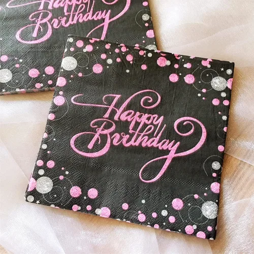 Vista 3 de Servilletas de papel desechables de feliz cumpleaños, color negro y rosa para adultos y niños, fiesta de cumpleaños, papel para bebidas, cóctel, 13