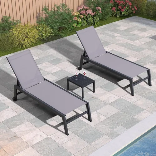 Vista 35 de PURPLE LEAF Juego de 2 tumbonas de aluminio para patio al aire libre con ruedas y mesa auxiliar, tumbona de piscina para jardín al aire libre, junto