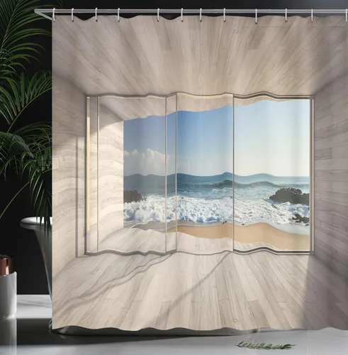Vista 3 de Ambesonne Decor Collection, juego de cortina con ganchos para regadera