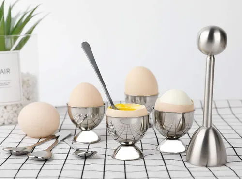 Vista 6 de Juego de decoración de galletas de huevo, soporte separador de huevos duros y duros, incluye 4 cucharas de huevos y 4 tazas de huevo, 1 cortador