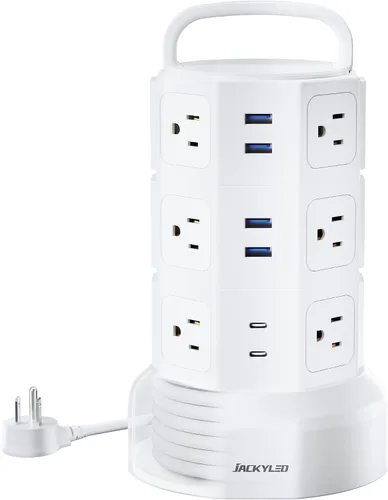 Vista 11 de Regleta de alimentación con protector de sobretensión de torre, JACKYLED 16 tomas 6 USB (2 USB C) estación de carga, cable de extensión con Negro
