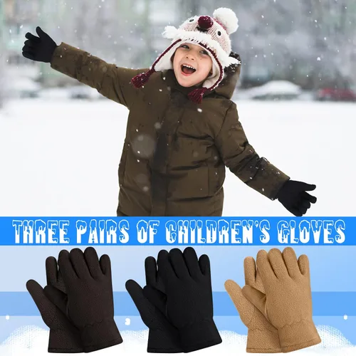 Vista 6 de SATINIOR 3 pares de guantes de invierno de forro polar para niños, guantes cálidos de dedos completos para niños, niñas, niños, suministros