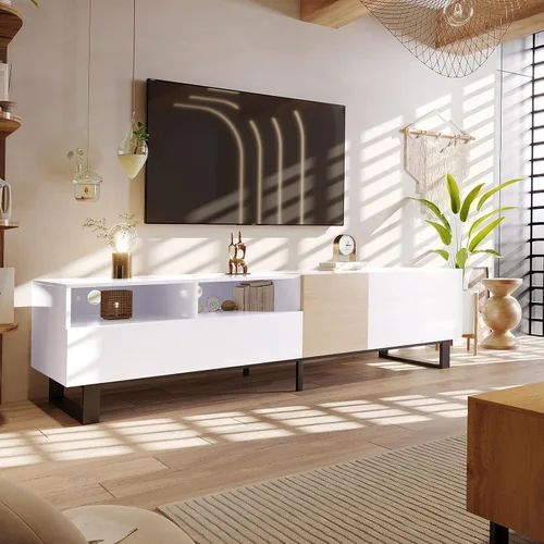 Vista 10 de Soporte de TV estilo tronco para TV de 80 pulgadas con doble espacio de almacenamiento, centro de entretenimiento con puerta abatible, gabinete
