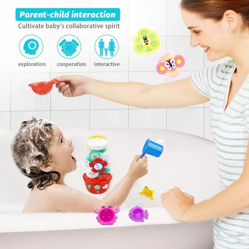 Vista 4 de Juguetes de baño para niñas para niños de 1 a 3 años Mesa de agua con ventosa y rotación Juguetes de bañera para niños pequeños con tazas apilables