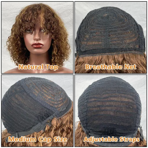 Vista 4 de Peluca de cabello humano corto rizado degradado con flequillo, peluca rizada sin pegamento Wear and Go None Lace Wigs for Black Women Human Hair
