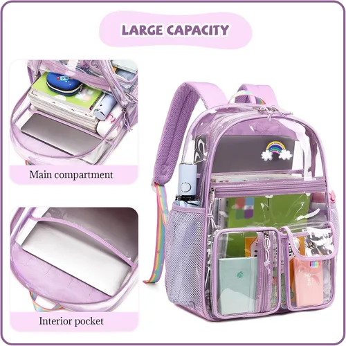 Vista 5 de Lanola Mochila aprobada para estadios, mochila transparente de PVC resistente, bolsa transparente para bolsas de libros de escuela secundaria