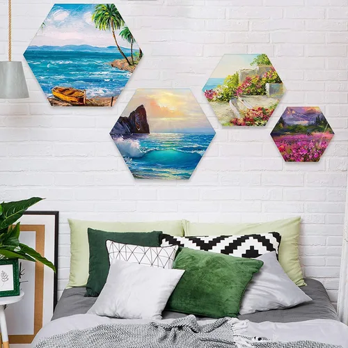 Vista 3 de Lienzo de pintura en blanco con forma hexagonal con marco de madera para artista, panel de lienzo preestirado, lienzo liso pequeño, tableros
