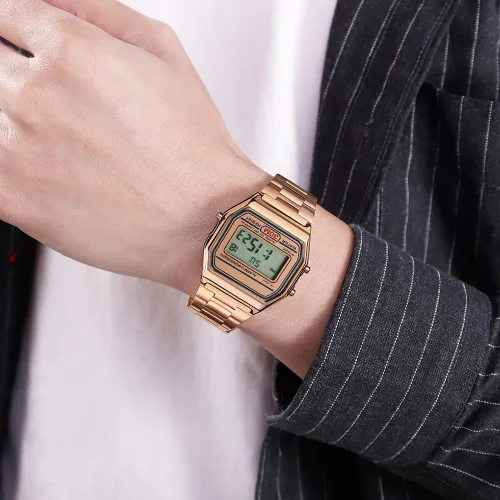 Vista 2 de VIGOROSO Reloj casual digital de acero inoxidable dorado retro vintage para hombre, cronómetro