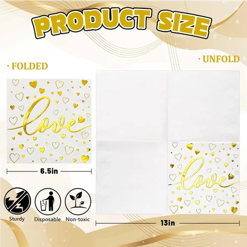 Vista 2 de Whaline Paquete de 80 servilletas desechables para el día de San Valentín, servilletas desechables doradas con estampado de corazón de amor
