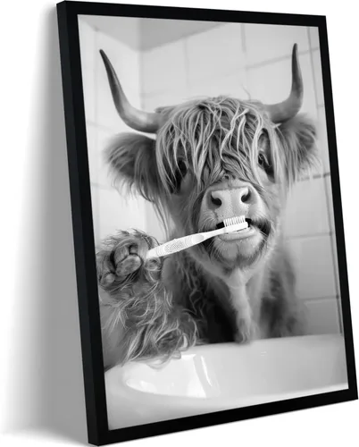 Vista 14 de Arte de pared de lienzo enmarcado para baño con oso negro tierno, decoración divertida para baño con animales, adorable oso con papel higiénico
