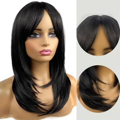 Vista 2 de Pelucas largas negras para mujer, pelucas negras con flequillo, peluca sintética de longitud al hombro en capas para fiestas diarias (20 pulgadas)