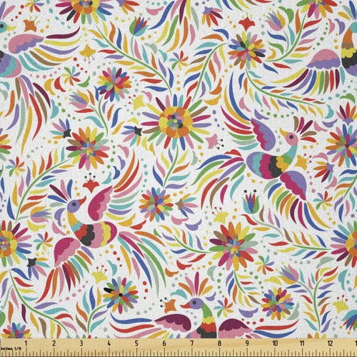 Vista 6 de Ambesonne Tela para Amantes de los Perros por Yarda, Perro Salchicha de Dibujos Animados Dachshund Cachorro con Pijamas a Rayas Flores y Mariposas