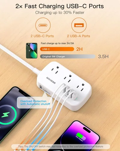 Vista 4 de Regleta de alimentación de 15 pies con enchufe plano y USB C, cable de extensión plano BESHON, 6 tomas de corriente 4 puertos USB (2 USB C), sin
