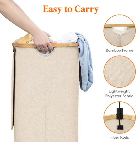 Vista 6 de Lifewit Cesta de lavandería de 80 litros con tapa, cestas de ropa para lavandería con asas de bambú y una bolsa de lavandería extraíble, cesta