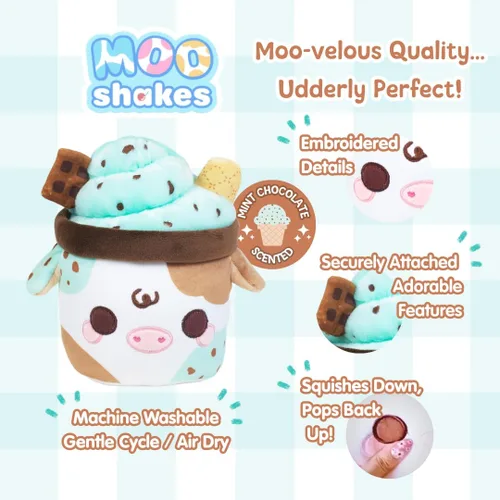 Vista 4 de Cuddle Barn PlushGoals Mooshake con chispas de chocolate menta Juguete de peluche súper suave con aroma kawaii, 7 pulgadas