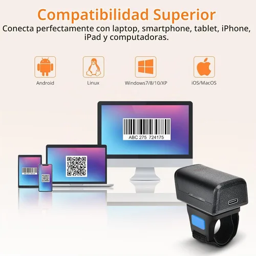 Vista 5 de 1D 2D Bluetooth portátil anillo escáner de código de barras, mini lector de código de barras portátil con inalámbrico 2.4Ghz y Bluetooth y USB
