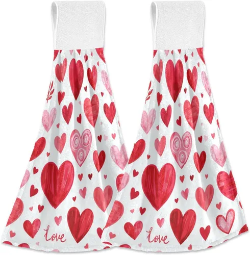 Vista 12 de Kcldeci Toallas de mano colgantes para el día de San Valentín con lazo para colgar, gnomos, corazones, toallas de mano suaves y gruesas, toallas