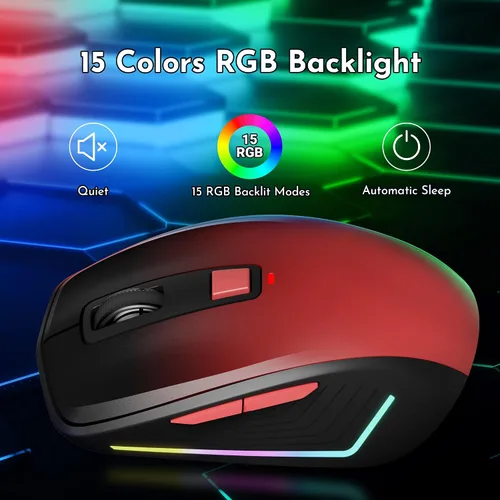Vista 3 de FENISIO Mouse inalámbrico, mouse inalámbrico RGB para laptop, sensor óptico de 1600 DPI, 3 niveles ajustables, mouse ergonómico recargable de 2.4