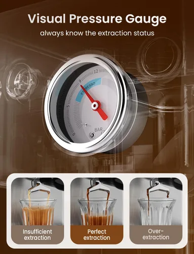 Vista 2 de Máquina de café espresso Neretva, máquina de café espresso de 15 bares con medidor de presión visible, máquina de espresso profesional con espumador