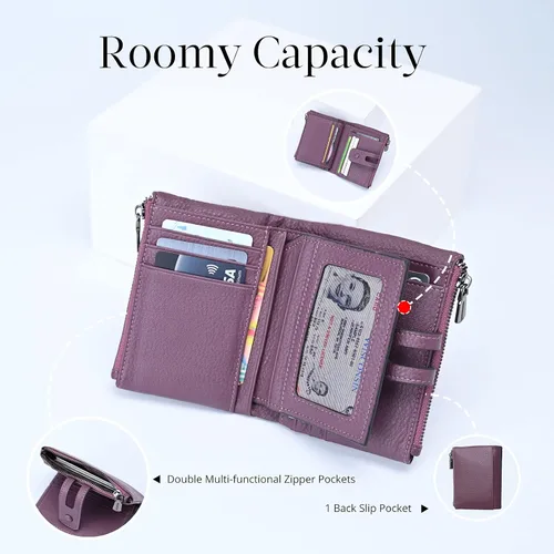 Vista 2 de Bveyzi - Billetera pequeña de cuero suave para mujer con bloqueo RFID, tarjetero para damas con doble bolsillo con cremallera