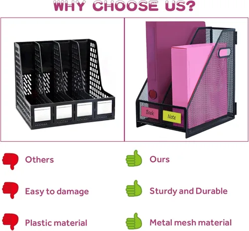 Vista 4 de Organizadores de escritorio, soporte para archivos de revistas de metal con 2 compartimentos verticales, organizador de archivos con encuadernador