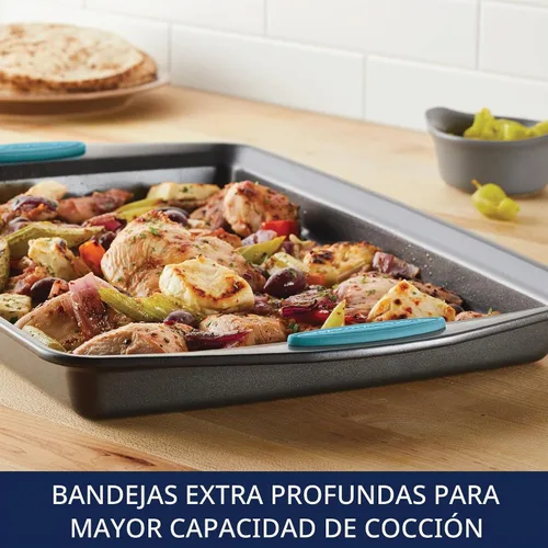Vista 7 de Rachael Ray Bakeware - Juego de bandejas antiadherentes para galletas, 3 piezas, gris con agarres azul agave