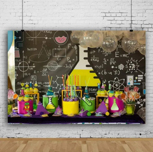 Vista 4 de AOFOTO Telones de fondo creativos de 6 x 4 pies para fotos, química, pizarra, tubos de ensayo, globos, pasteles, dulces, fotografía, fondo de niño