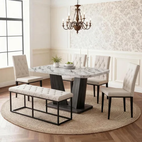 Vista 20 de Juego de mesa de comedor para 6, juego de mesa de comedor de mármol para 6, juego de 6 sillas de mesa de cocina con base de madera, juego de mesa