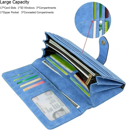 Vista 2 de Cartera organizadora larga plegable de cuero vegano con 17 ranuras para tarjetas para mujer
