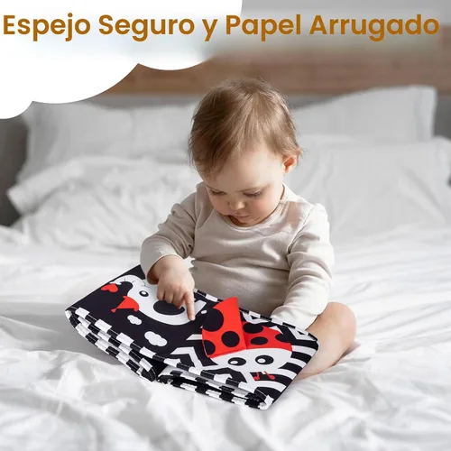 Vista 6 de Cawgug Juguetes para bebés de alto contraste en blanco y negro para el desarrollo del cerebro del recién nacido, tiempo boca abajo, libro suave