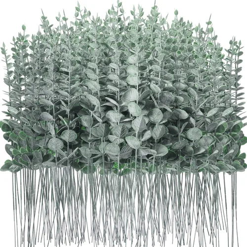Vista 9 de 100 tallos de eucalipto, hojas de eucalipto artificiales, decoración de eucalipto, ramas de vegetación sintética para centros de mesa de boda, ramo