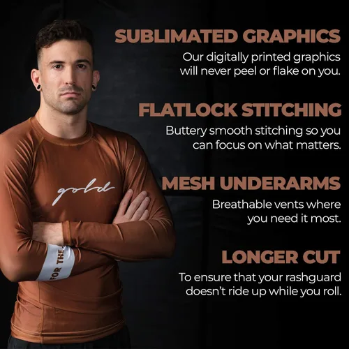 Vista 3 de Gold BJJ Foundation Rash Guard - Rashguard de Jiu Jitsu sin Gi y Gi