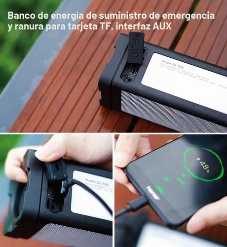 Vista 5 de Altavoz solar Bluetooth, IPX7, impermeable, portátil, de 20 W, con 27 luces LED, batería de 5000 mAh, micrófono, tarjeta TF, para ducha al aire