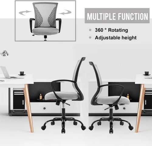 Vista 5 de Silla de oficina ergonómica moderna, silla de escritorio de respaldo medio con soporte lumbar, altura ajustable, reposabrazos enrollable, giratoria