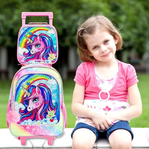 Vista 8 de Mochila con ruedas para niñas y niños, 3 unidades, con ruedas, con lonchera, mochilas con ruedas para primaria