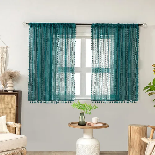 Vista 34 de WAZZIO Cortinas de Encaje, Cortina Boho de Crochet para Dormitorio, Cortinas de Café de Algodón, 45 Pulgadas de Largo, 2 Paneles con Bolsillo