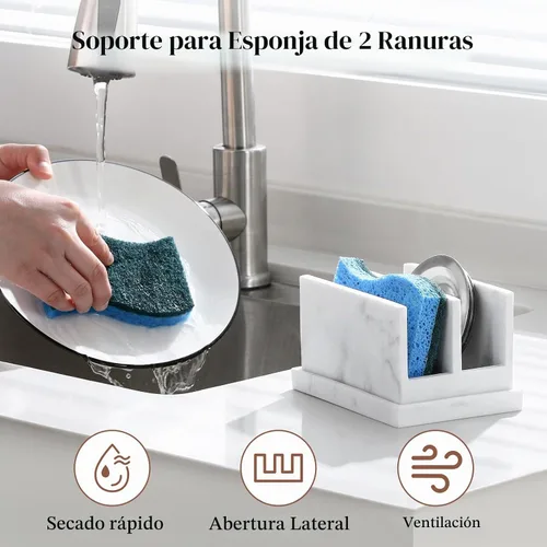 Vista 2 de Luxspire Soporte para esponja de cocina, soporte para esponja de platos con bandeja de drenaje, soporte de esponja de mármol para fregadero