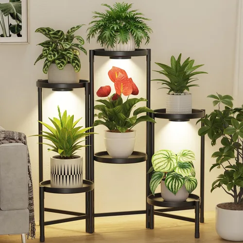 Vista 14 de LASZOLA Soporte plegable para plantas de interior de 7 niveles para múltiples macetas grandes, estante ajustable alto y resistente con bandeja de 10