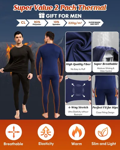 Vista 2 de CL convallaria Paquete de 2 calzoncillos térmicos largos para hombre, forro polar suave, capa base para clima frío, tallas XS-4XL