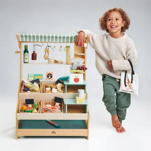 Vista 4 de Tender Leaf Toys - Cesta de mariscos - 6 piezas de mariscos de madera con cesta de mimbre hecha a mano, juego de comida de simulación, supermercado